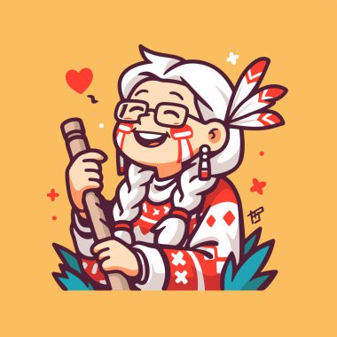 Geleneksel giysiler içinde elinde bir kalple gülümseyen tatlı bir kız..