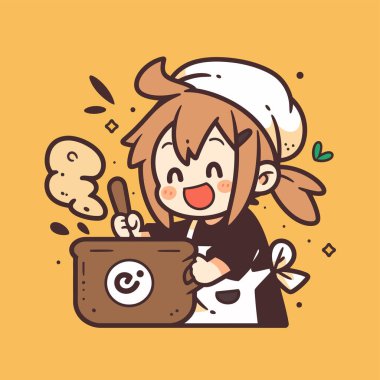 Çizgi film şefi kız elinde suşi dürümleri ve elinde sopayla gülümsüyor. vektör illüstrasyonu