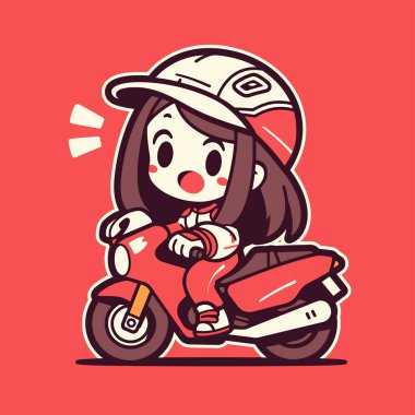 Kırmızı Scooter süren şirin çizgi film kızı.