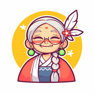 Süslü, gülümseyen yaşlı bir kadının büyüleyici çizgi film portresi.