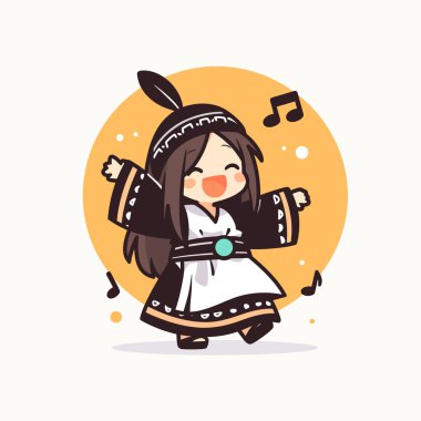 Geleneksel Amerikan Kostümlü Dans Eden Şirin Chibi Kız