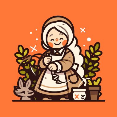 Tatlı Çizgi Film Tarzında Tavşanlı Bahçıvan Kadın