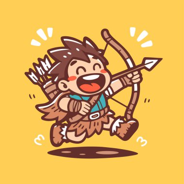 Ok ve yayla koşan mutlu okçu çocuk