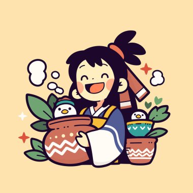 Kuşlar ve bitkilerle dolu bir çömlek tutan mutlu kız.