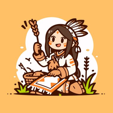 Buğday sapı ve sepetli Chibi Yerlisi Amerikan Kızı