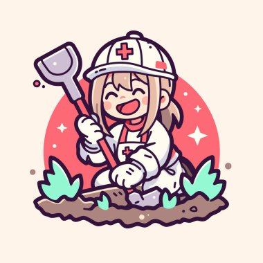 Mutlu Bahçıvan Hemşire Sevimli Çizgi Film Tarzında Kazma ve Ekme