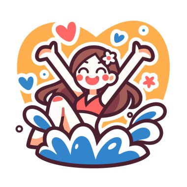 Mutlu kız yazın havuza su sıçratıyor.