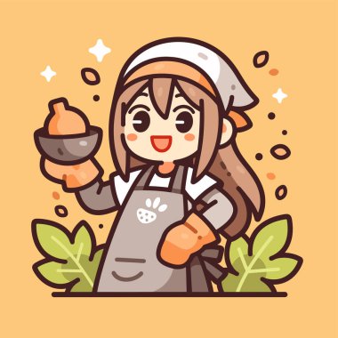 Tatlı çizgi film şefi elinde kase tutuyor.