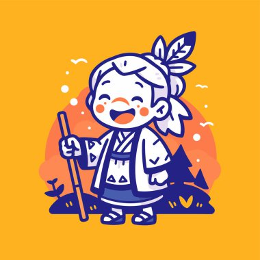 Bir asayla ormanda yürüyen mutlu çizgi film gezgini.