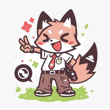 Mutlu çizgi film tilkisi barış işareti veriyor.