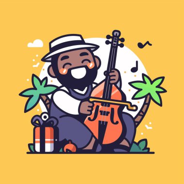 Mutlu Caz Müzisyeni Tropikal Ayarlarda Çift Bas Çalıyor