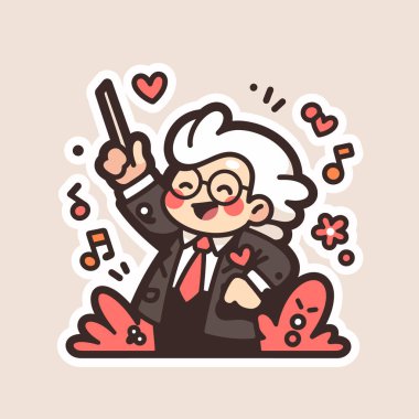 Müzik Notaları ve Kalpleri olan Mutlu Çizgi Film Şefi