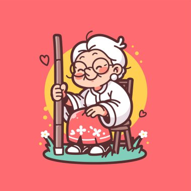 Tezgahla gülümseyen büyükannenin şirin çizgi filmi.