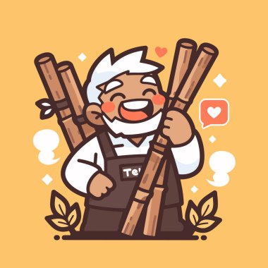 Bir demet bambu ile gülümseyen bambu ustası.