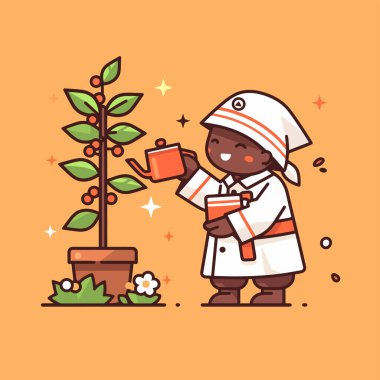 Bahçıvan Sulama Kahve Fabrikası Çizgi Film İllüstrasyonu