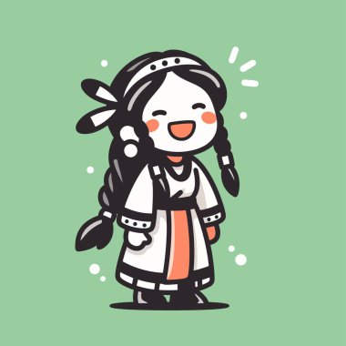 Chibi Amerikan Yerlisi Örgü ve Kafasıyla Gülümseyen Kız