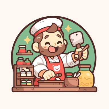 Mutlu çizgi film şefleri yemek hazırlıyor.