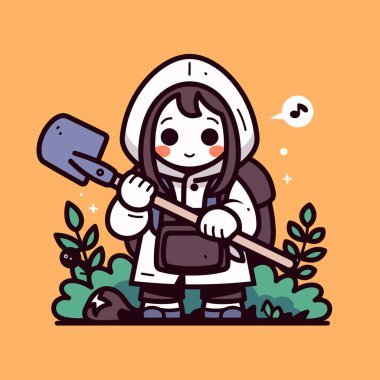 Kürekli sevimli çizgi film bahçıvanı.