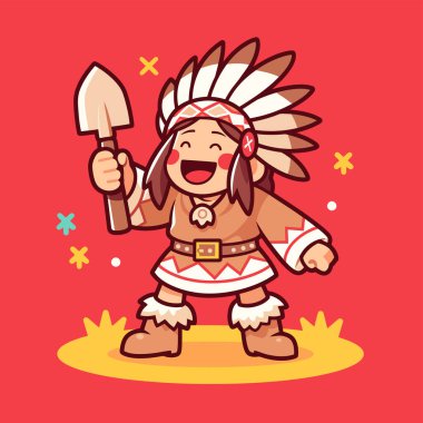 Kürek Çizgi Filmi İllüstrasyonlu Amerikan Yerlisi Çocuk