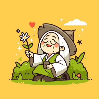 Neşeli bir büyükanne Bahçede bir çiçeğin tadını çıkarıyor