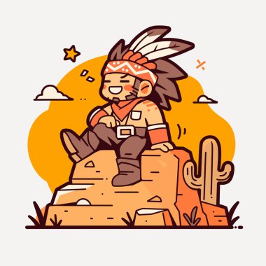 Çizgi film Amerikan yerlileri çöl kayaları üzerinde dinleniyor.