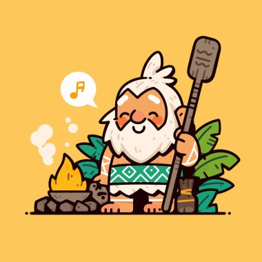 Mutlu Kabile Yaşlısı Tropik bir adada Kamp ateşinin yanında şarkı söylüyor