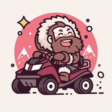 Kış manzarasında ATV kullanan mutlu sakallı adam.