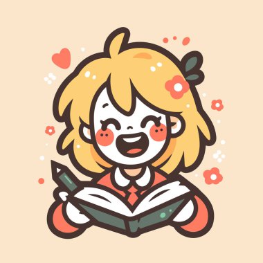 Mutlu kız kalemle kitap okuyor.