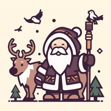 Noel Baba Ren Geyiği ve Kuş Kış Sahnesinde