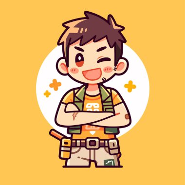 Çizgi filmdeki çapraz kollu kaşif çocuk ve kendine güvenen bir gülümseme.