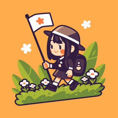 Çiçek Tarlasında Yürüyen Bayraklı Mutlu Okul Kızı