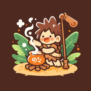 Çizgi filmdeki mağara adamı ateşin üstünde yemek pişiriyor.