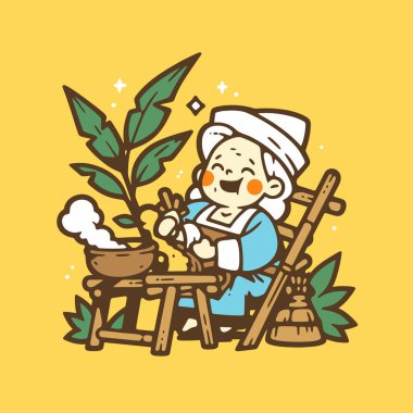 Yaşlı kadın çay seremonisinin tadını çıkarıyor.