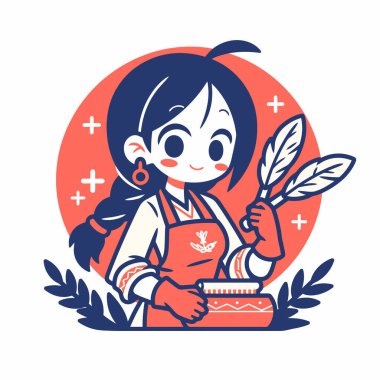 Süslü ve tüylü şirin çizgi film hizmetçisi.