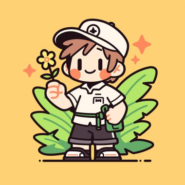 Neşeli bir bahçıvan elinde çiçekle