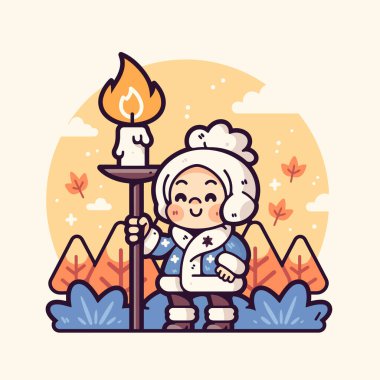 Kış manzarasında mumu olan sevimli bir karakter.