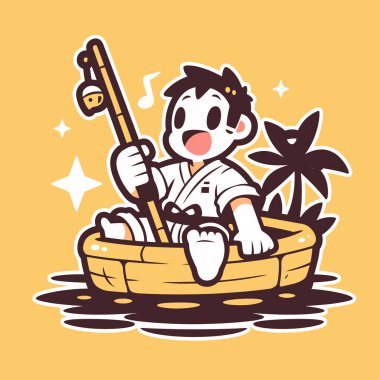 Mutlu çocuk güneşli bir günde teknede balık tutuyor.