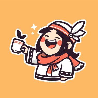 Gülümseyen Çizgi Film Karakteri Çay Kupası ve Amerikan Yerlisi Giyimi