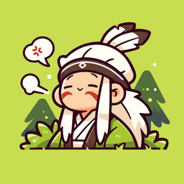 Vektör çizgi filmi şirin Amerikan yerlisi. Büyük sakallı, geleneksel şapkalı ve beyaz arka planda yeşil yapraklı adam..