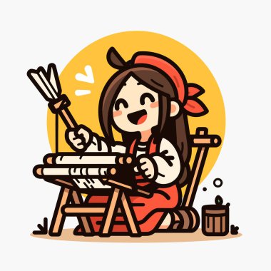 Kalemle çalışan Asyalı kadın marangoz. beyaz arkaplanda izole edilmiş çizgi karakter vektör illüstrasyonu.