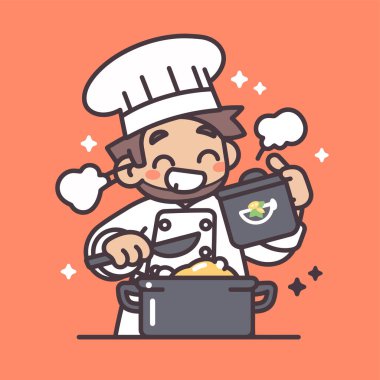 Üniformalı mutlu bir aşçı elinde tavayla yumurta pişiriyor. vektör illüstrasyonu