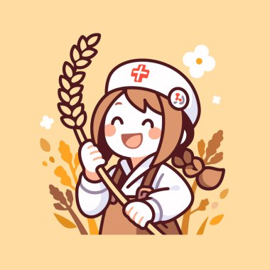 Bir çelenk ve sopayla mutlu bir kadın doktor.