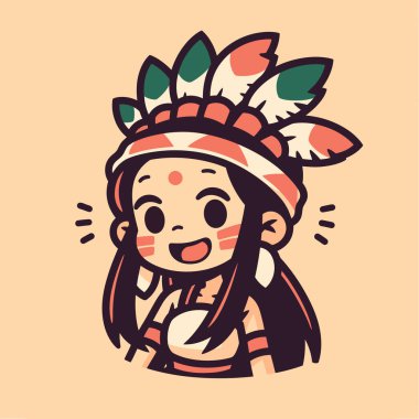 Amerikan yerlilerinin geleneksel kültürüne sahip sevimli çizgi film kızı. vektör illüstrasyonu