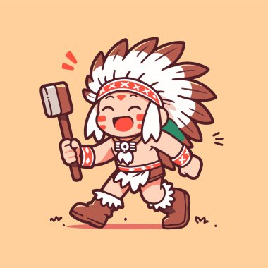 Vektör çizgi film karakteri çizimi. Amerikan yerlisi şirin bir kostüm. Yerli yerli Amerikan yerlisi modern tarzda tasarlanmış..