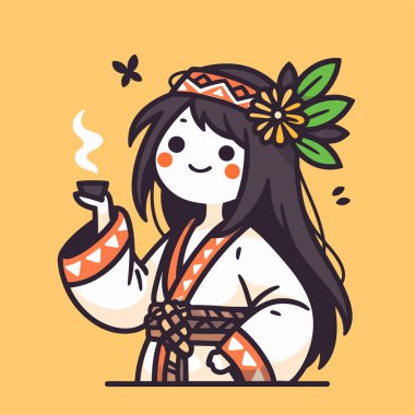 Vektör çizimi. Geleneksel kimonolu tatlı bir kız ve bir fincan çay. sevimli çizgi film karakteri