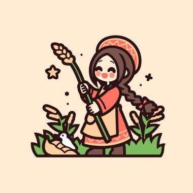 Bahçede elinde bir buket çiçek ve çiçek tutan sevimli bir karikatür kızı..