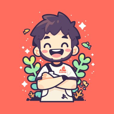 Tişört giyen sevimli mutlu adamın vektör çizgi film çizimi