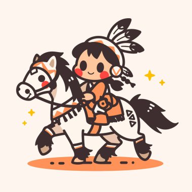 Atlı kostümlü bir kız. Kostümlü ve Amerikan kostümlü bir kızın vektör çizimi