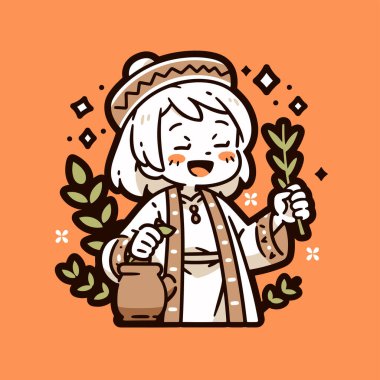 Elinde bir sepet çiçekle gezen sevimli mutlu bir kızın vektör çizgi filmi çizimi. Sonbahar mevsimi, hasat konsepti.