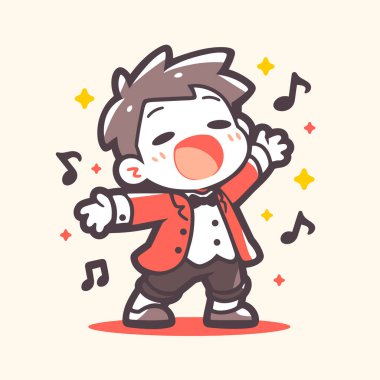 Chibi Çizgi Filmci Çocuk Müzik Notalarıyla Şarkı Söylüyor